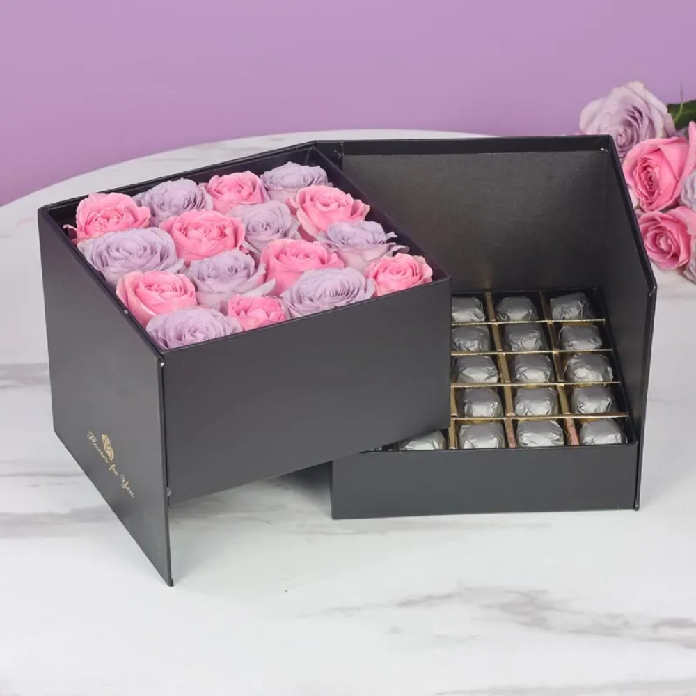 Purple and Pink Roses in Box with Chocolates - 1