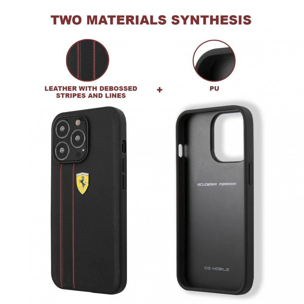 Ferrari Genuine Leather Hard Case With Debossed Stripes, iPhone 13 Pro Max, Black - 6