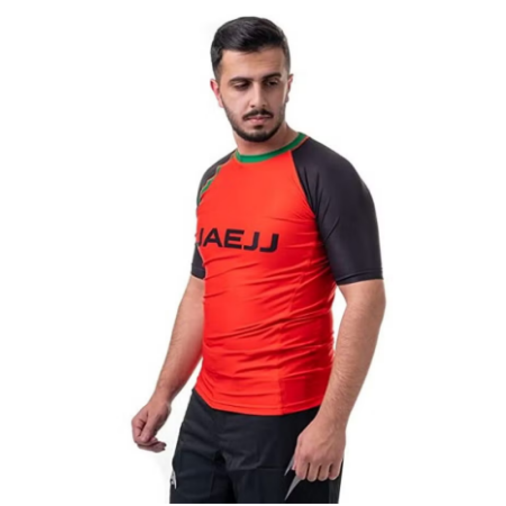 UAEJJ Jiu Jitsu واقي من الطفح الجلدي بأكمام قصيرة، أحمر، مقاس S - 2