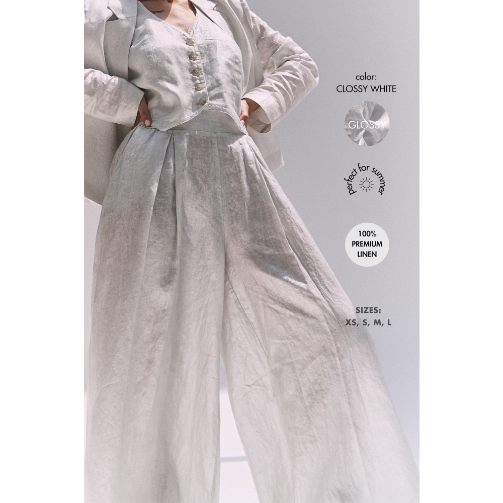 بنطلون كتان بالازو، أبيض لامع (M) - 5