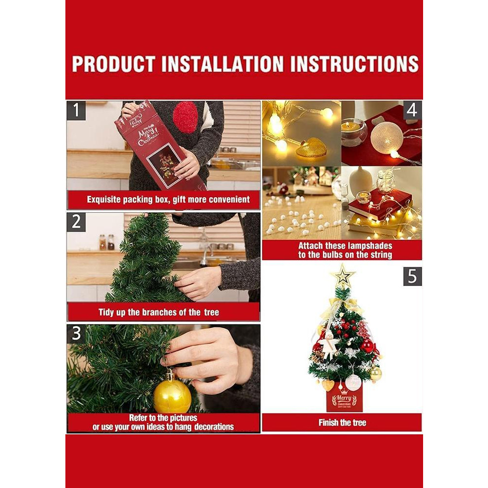 شجرة صناعية صغيرة مقاس 20 بوصة مع مصابيح Led وشجرة على شكل نجمة ومجموعة زينة يمكنك صنعها بنفسك، زينة مثالية تعمل بالبطارية للعام الجديد - 4