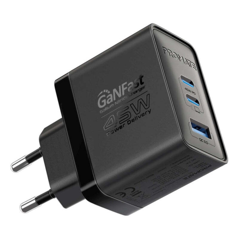 Promate 45W Power Delivery GaNFast™ Charger with Quick Charge 3.0 - 1