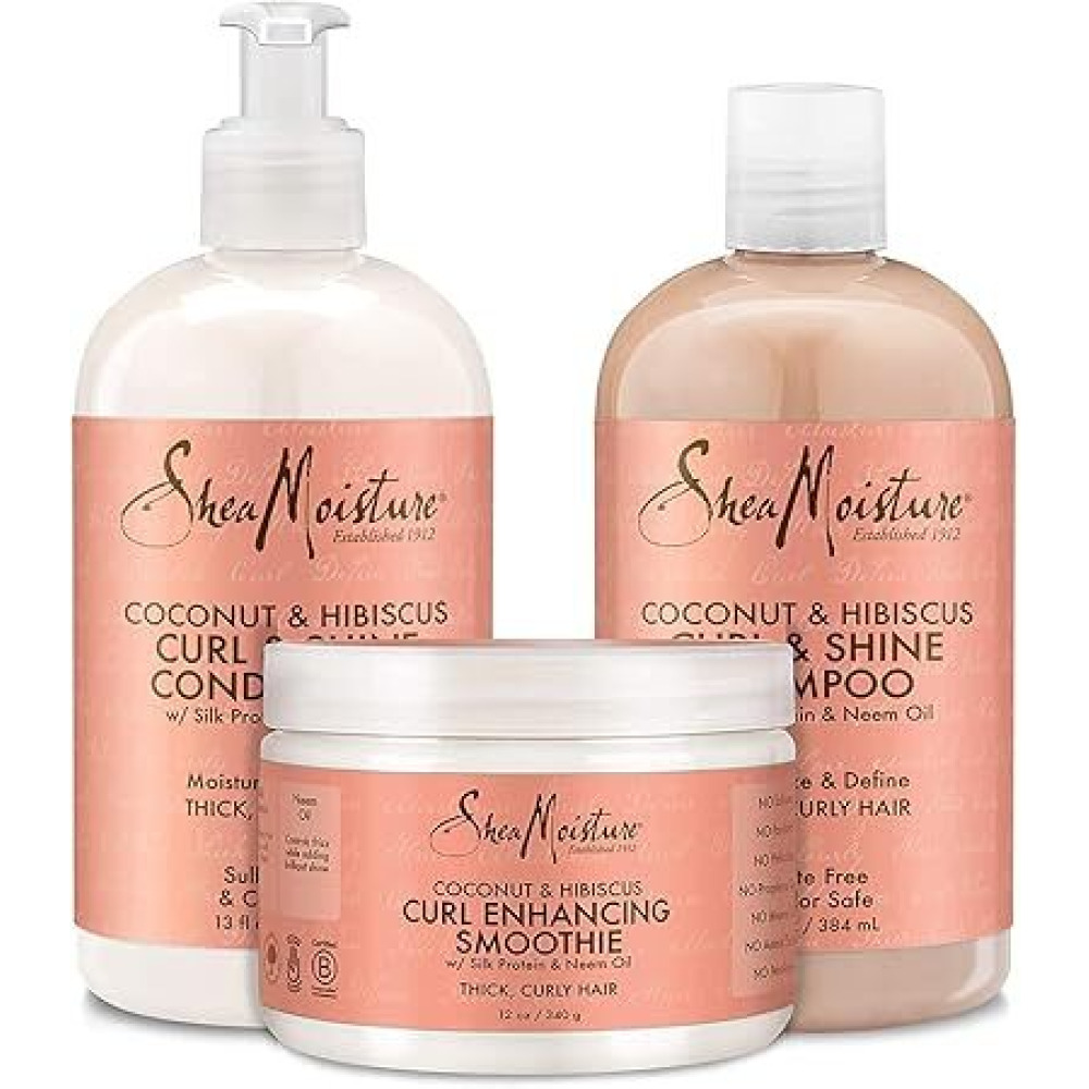 SHEA MOISTURE Shampoo and Conditioner Set, Coconut and Hibiscus Curl & Shine 13-oz ea Bundled with Curl Enhancing Smoothie 12-oz - 1