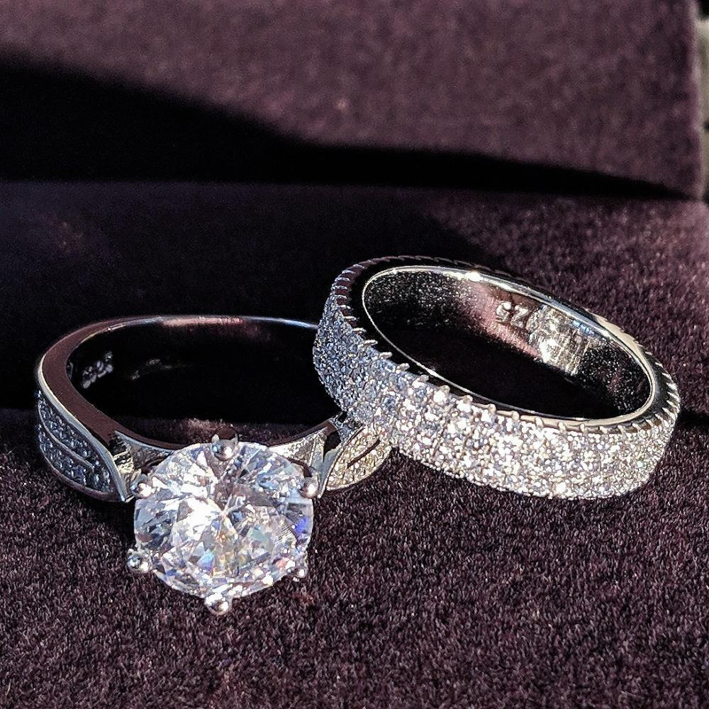  New Unique Double Ring Set Streling Silver 925 Round Ring  Cover with Zircon Stone Design Ring Size-5 - 4